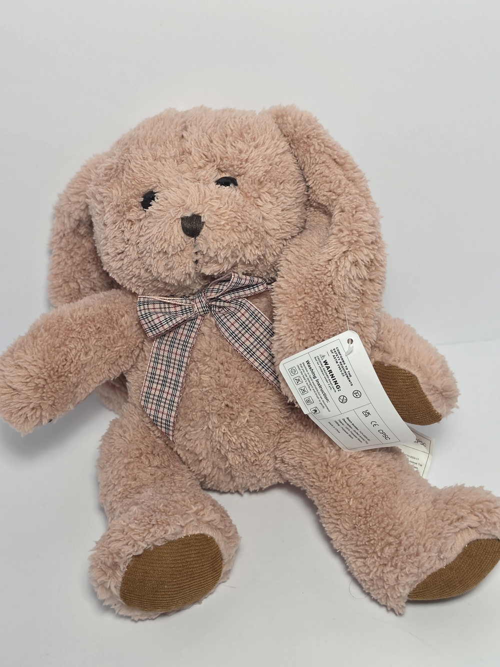 Plush Bunny Stuffed Animal - Blush Pink with Plaid Bow
